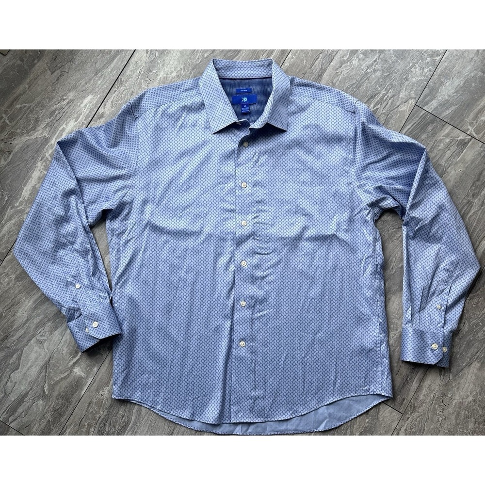 Egara Men's XL Non-Iron Stretch Dress Shirt Blue Paisley Print Button Up 0235